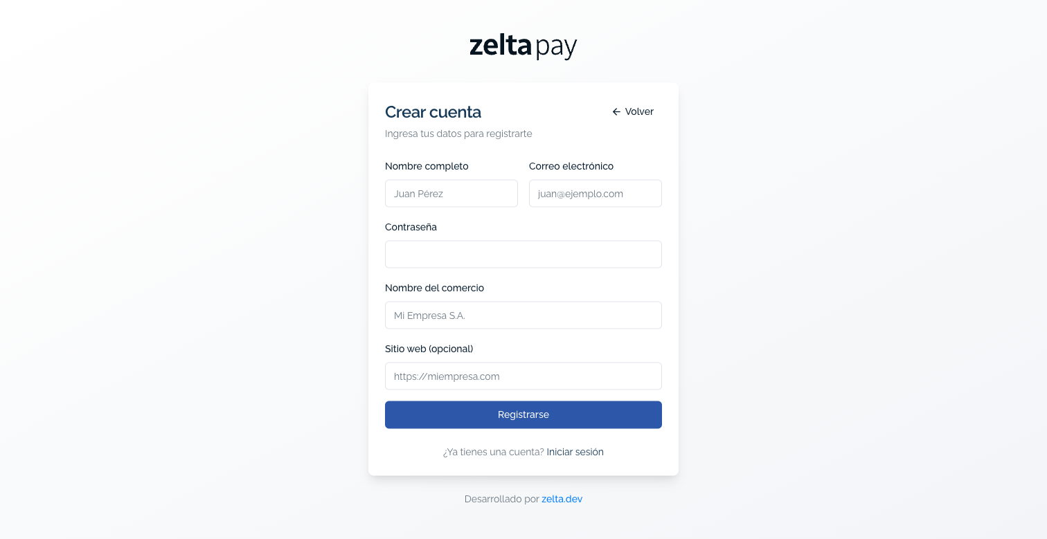 Pantalla de registro de Zelta Pay