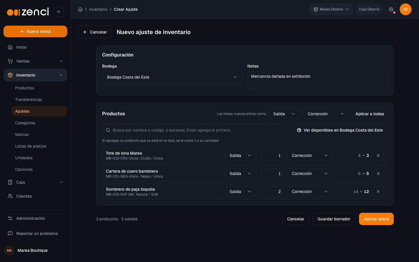 Nuevo ajuste de inventario con la bodega, la nota y tres productos de salida con su stock actual y el que va a quedar
