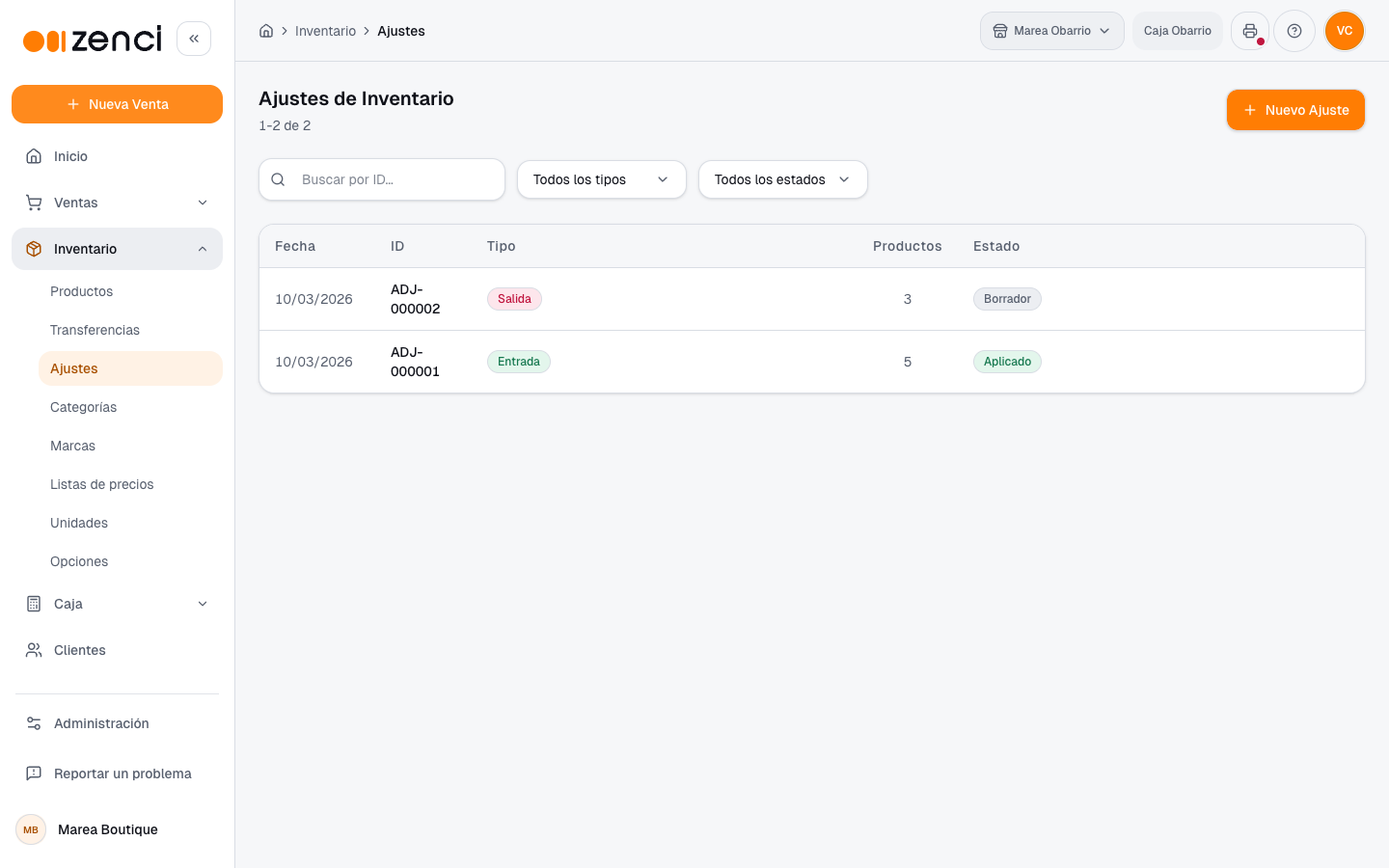 Lista de ajustes de inventario con uno aplicado y uno en borrador
