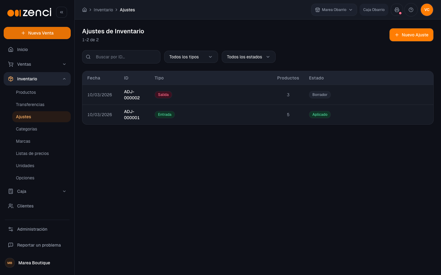 Lista de ajustes de inventario con uno aplicado y uno en borrador