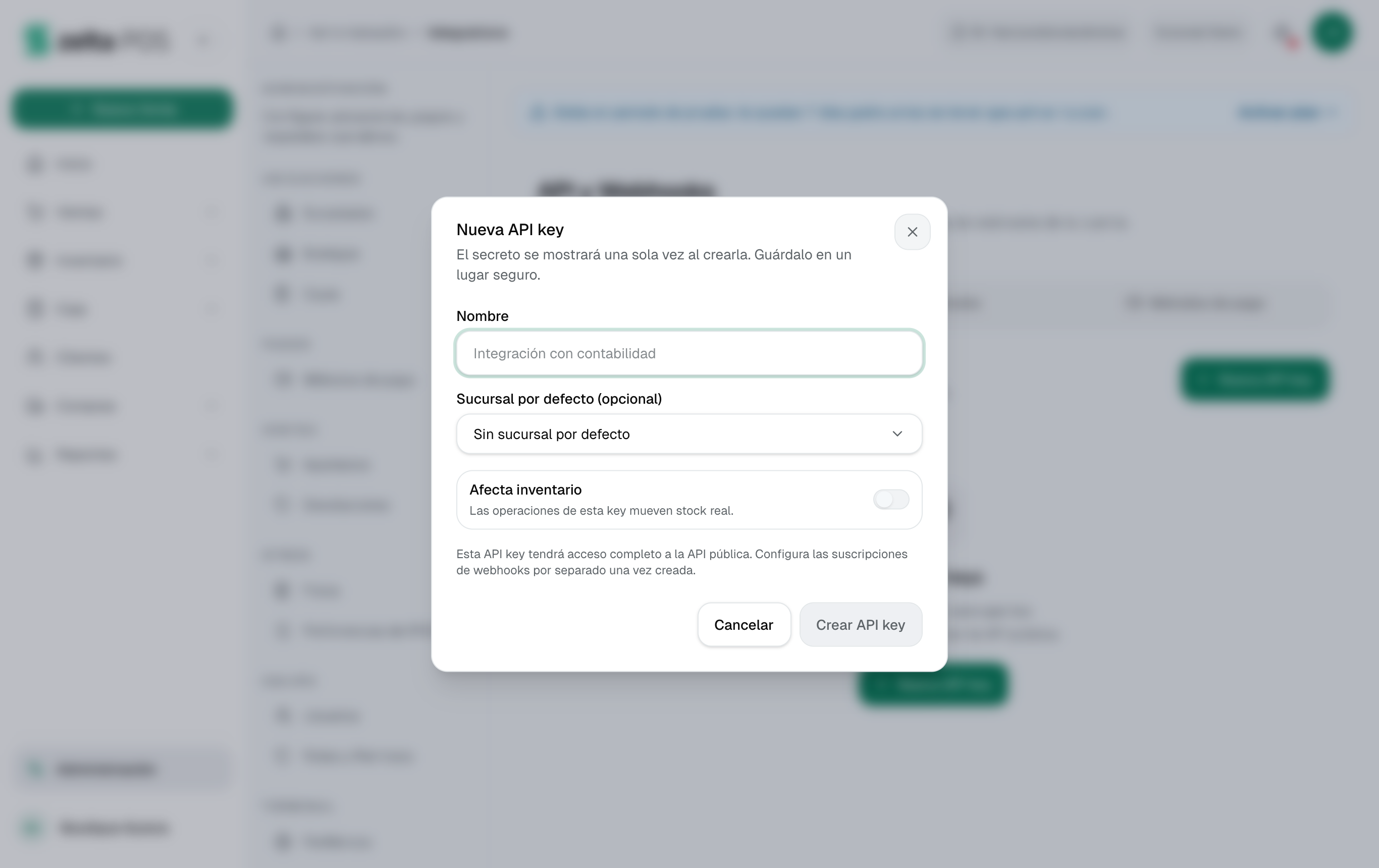Formulario de nueva API key con nombre y sucursal por defecto