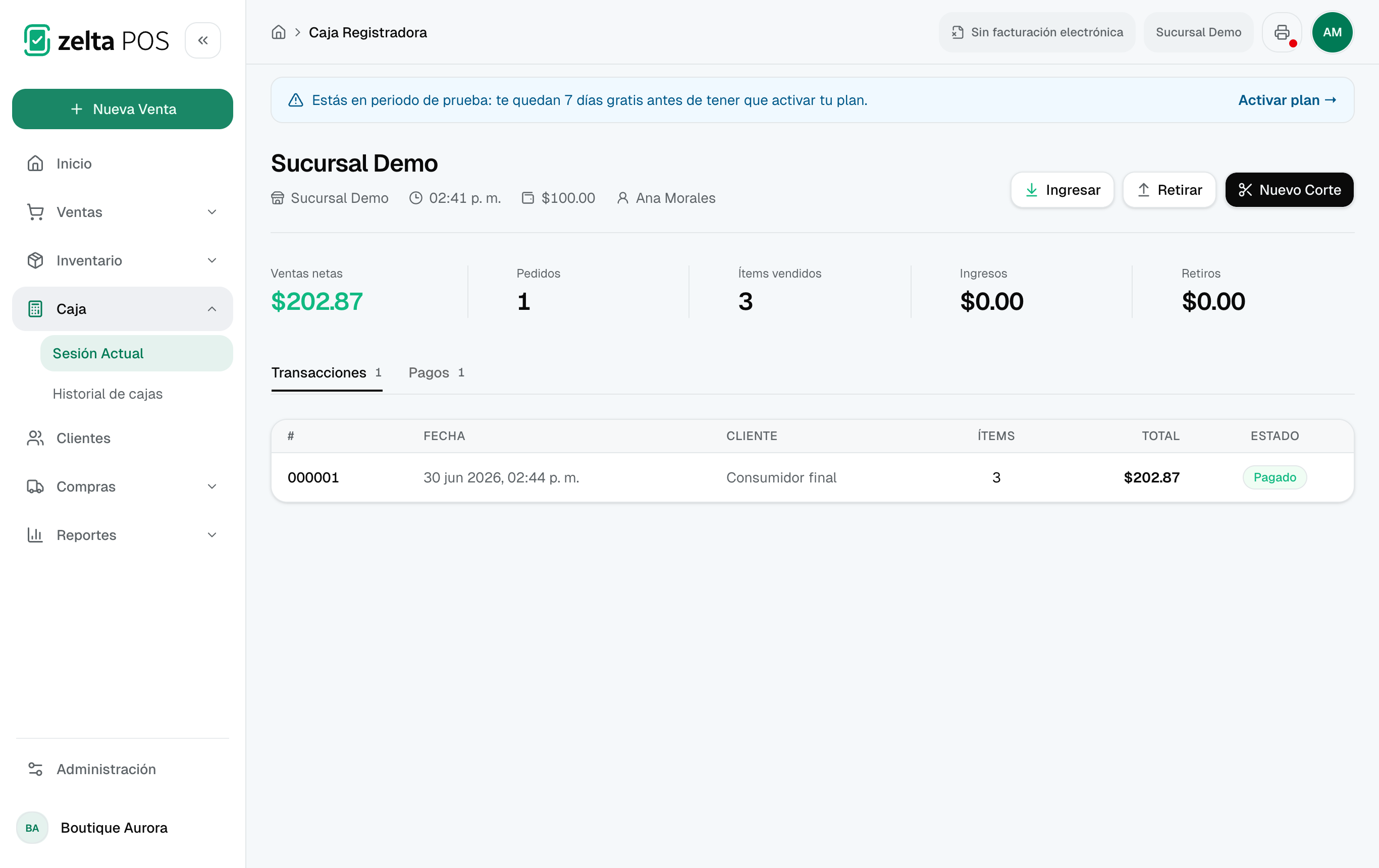 Sesión de caja con ventas netas, pedidos y transacciones del turno