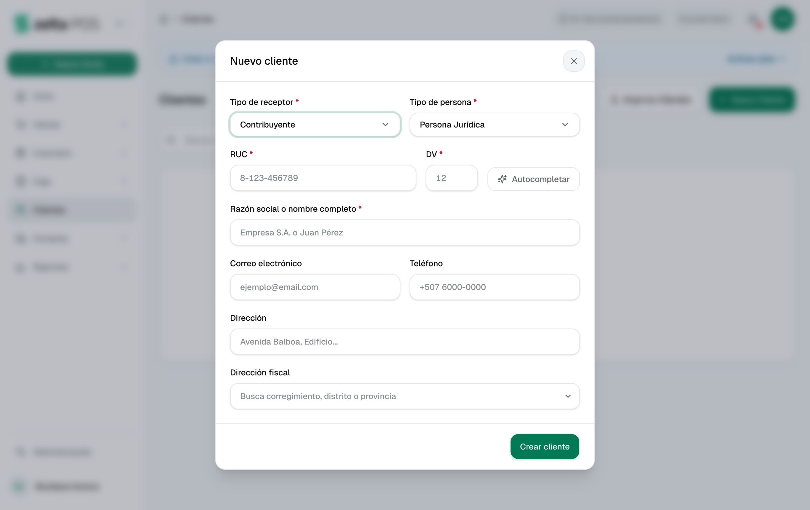 Formulario de nuevo cliente con tipo de receptor, RUC, DV y datos de contacto