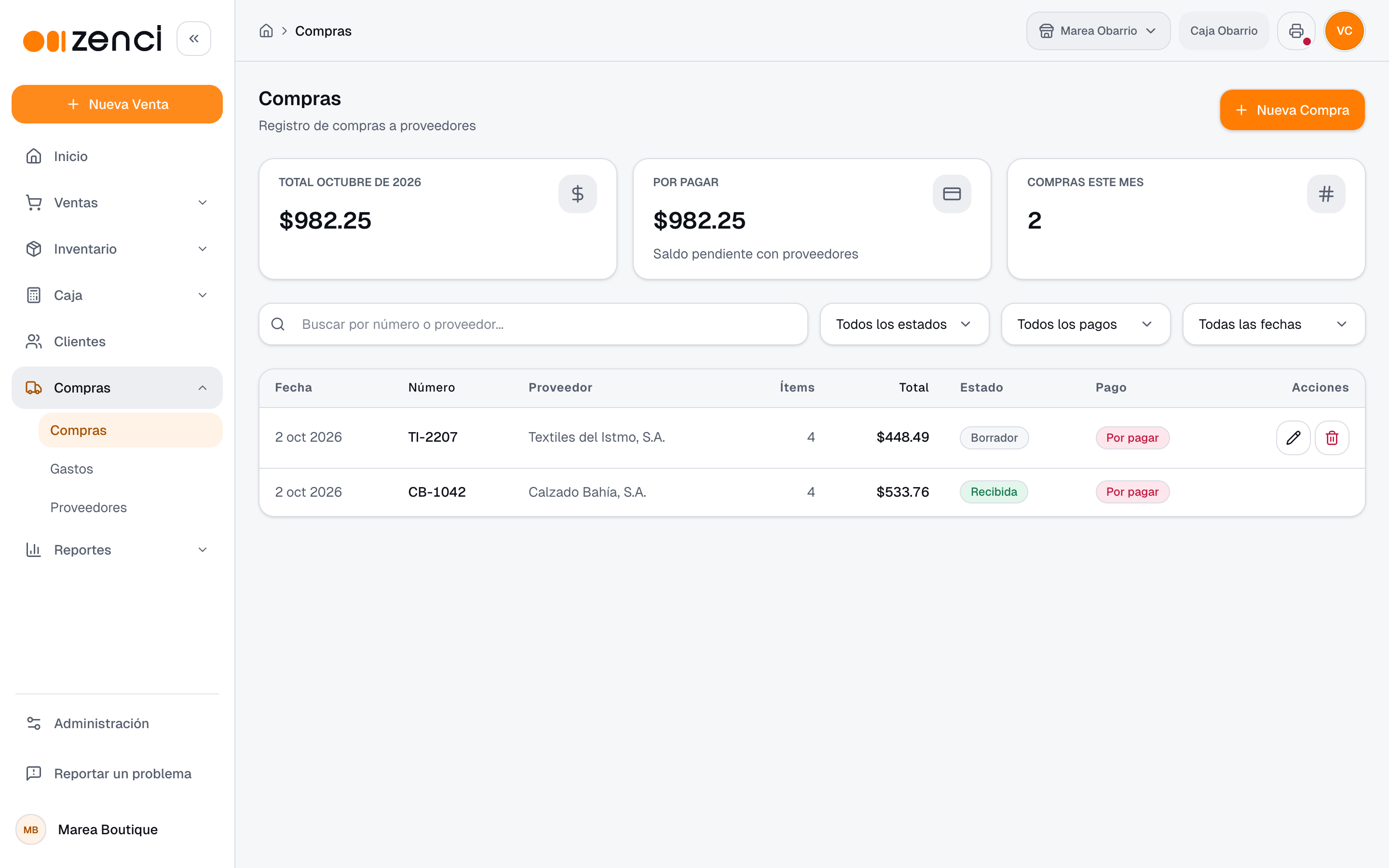 Lista de compras con proveedor, número de factura, total y estado