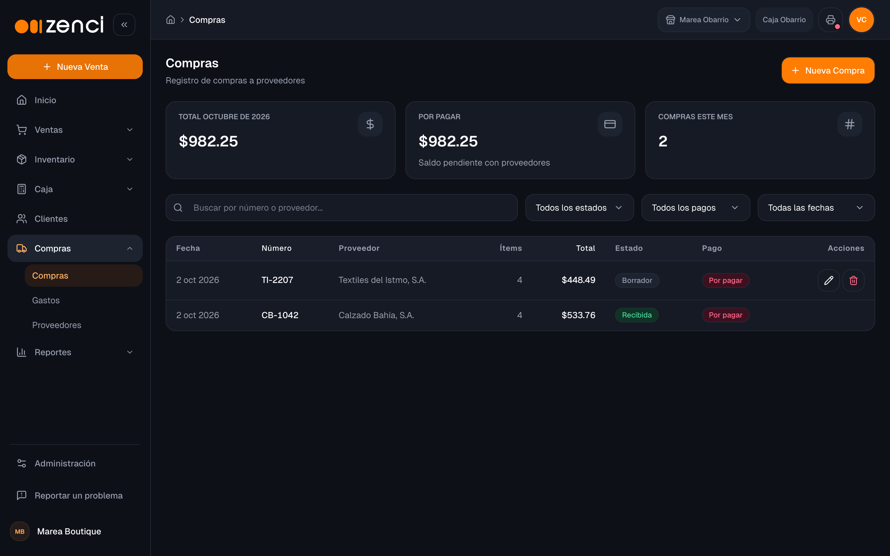 Lista de compras con proveedor, número de factura, total y estado