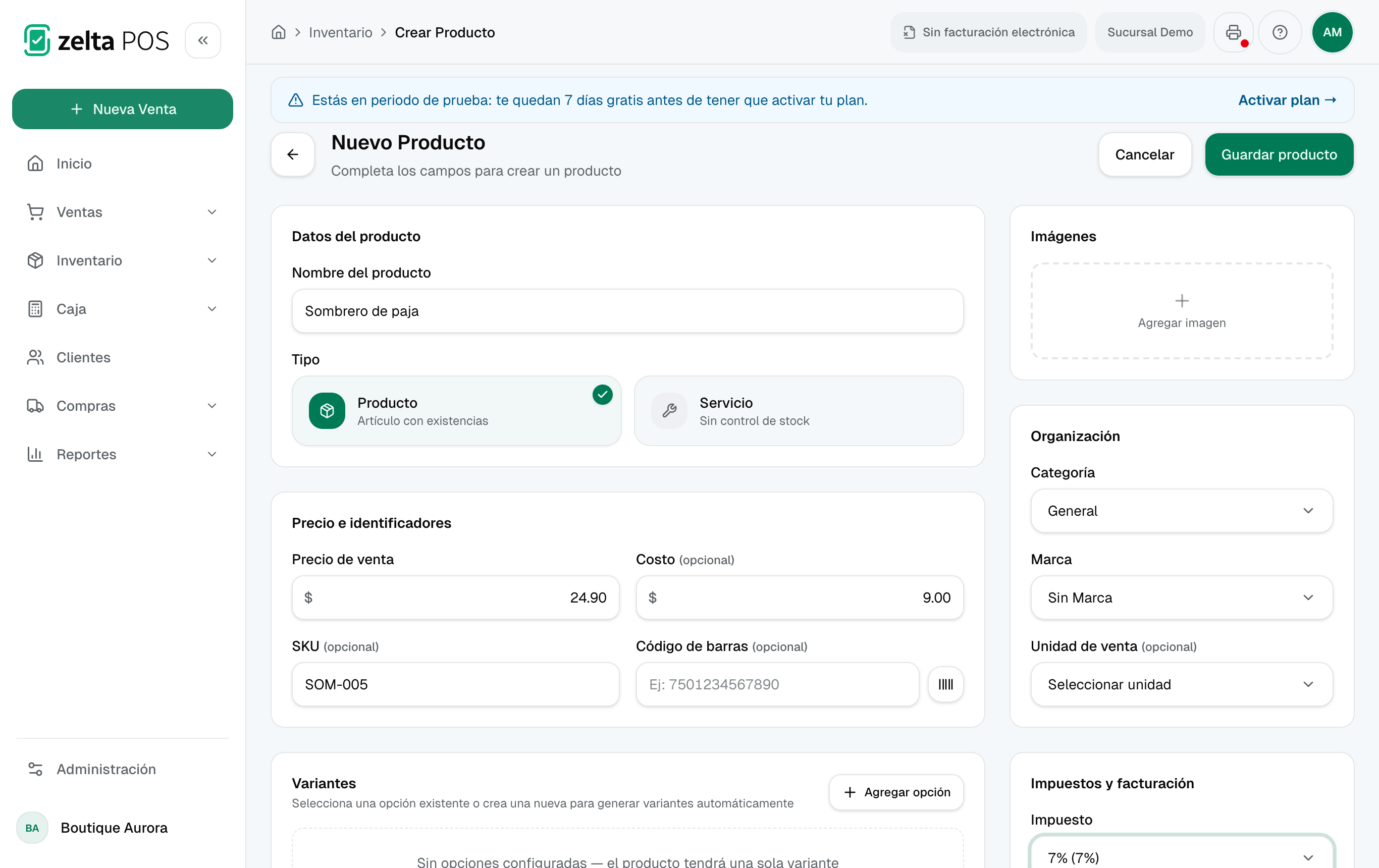 Formulario de creación de producto con nombre, precio, SKU, categoría e impuesto