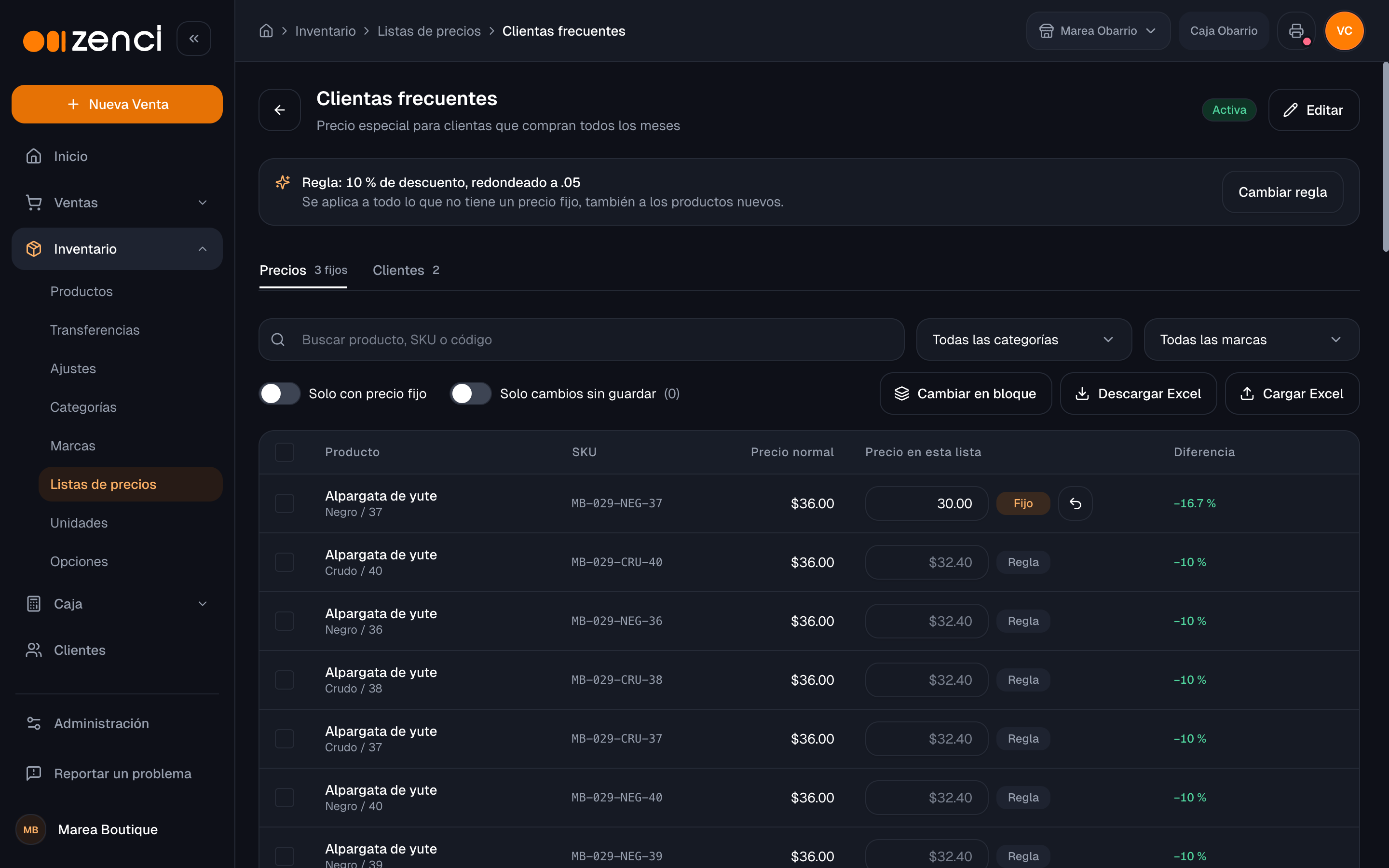 Pestaña Precios de una lista con la regla de 10 % de descuento, un precio fijo y los precios que salen de la regla