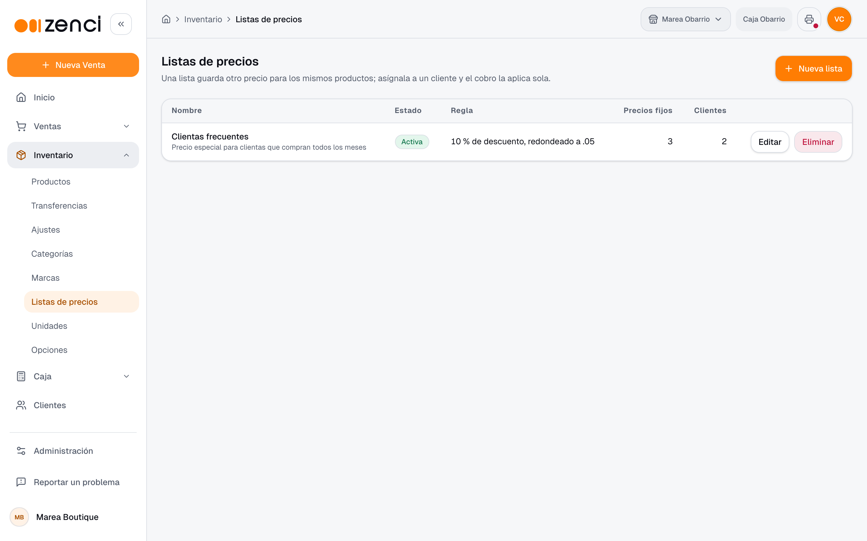 Pantalla de listas de precios con la lista Clientas frecuentes, su regla, precios fijos y clientes