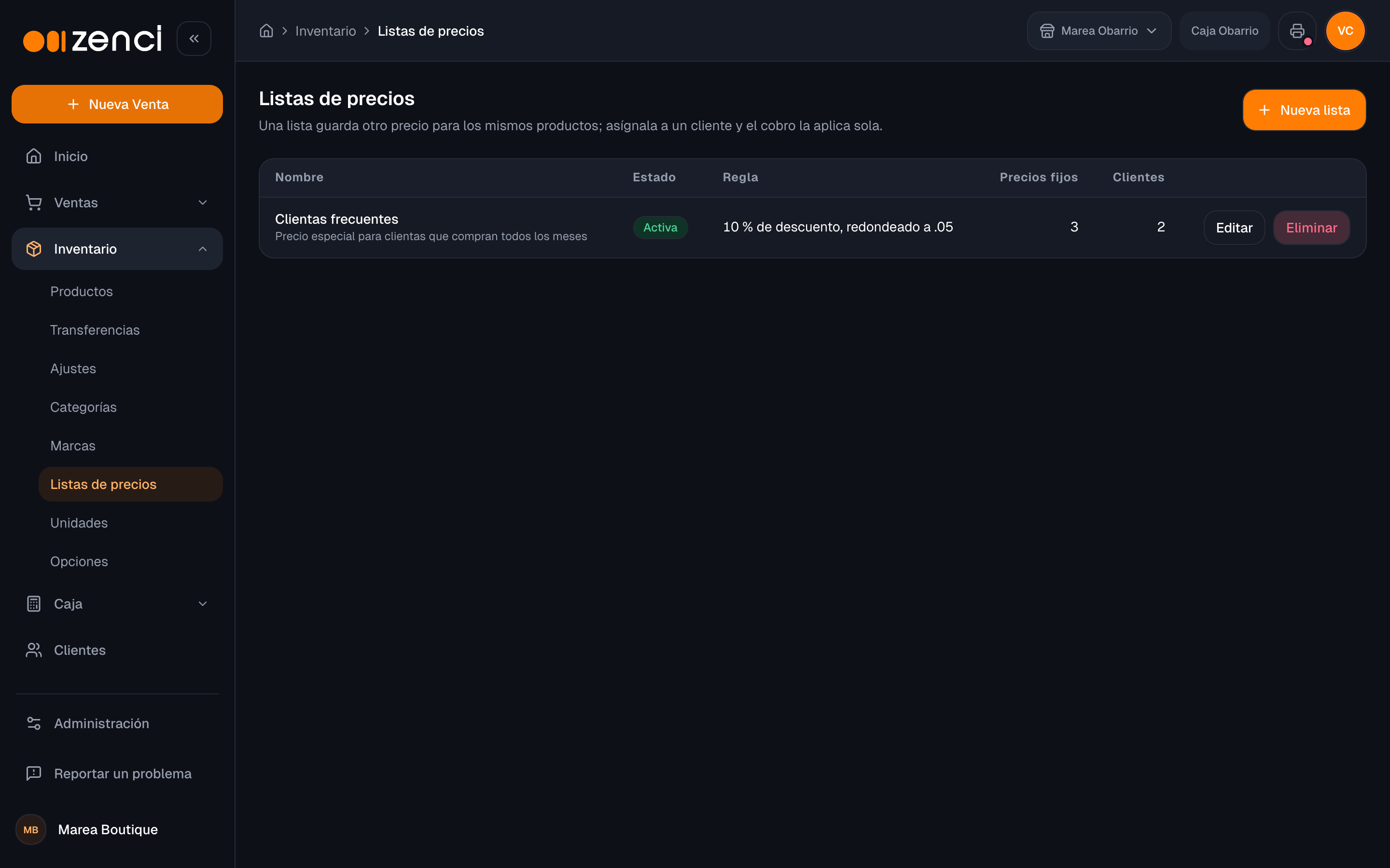 Pantalla de listas de precios con la lista Clientas frecuentes, su regla, precios fijos y clientes