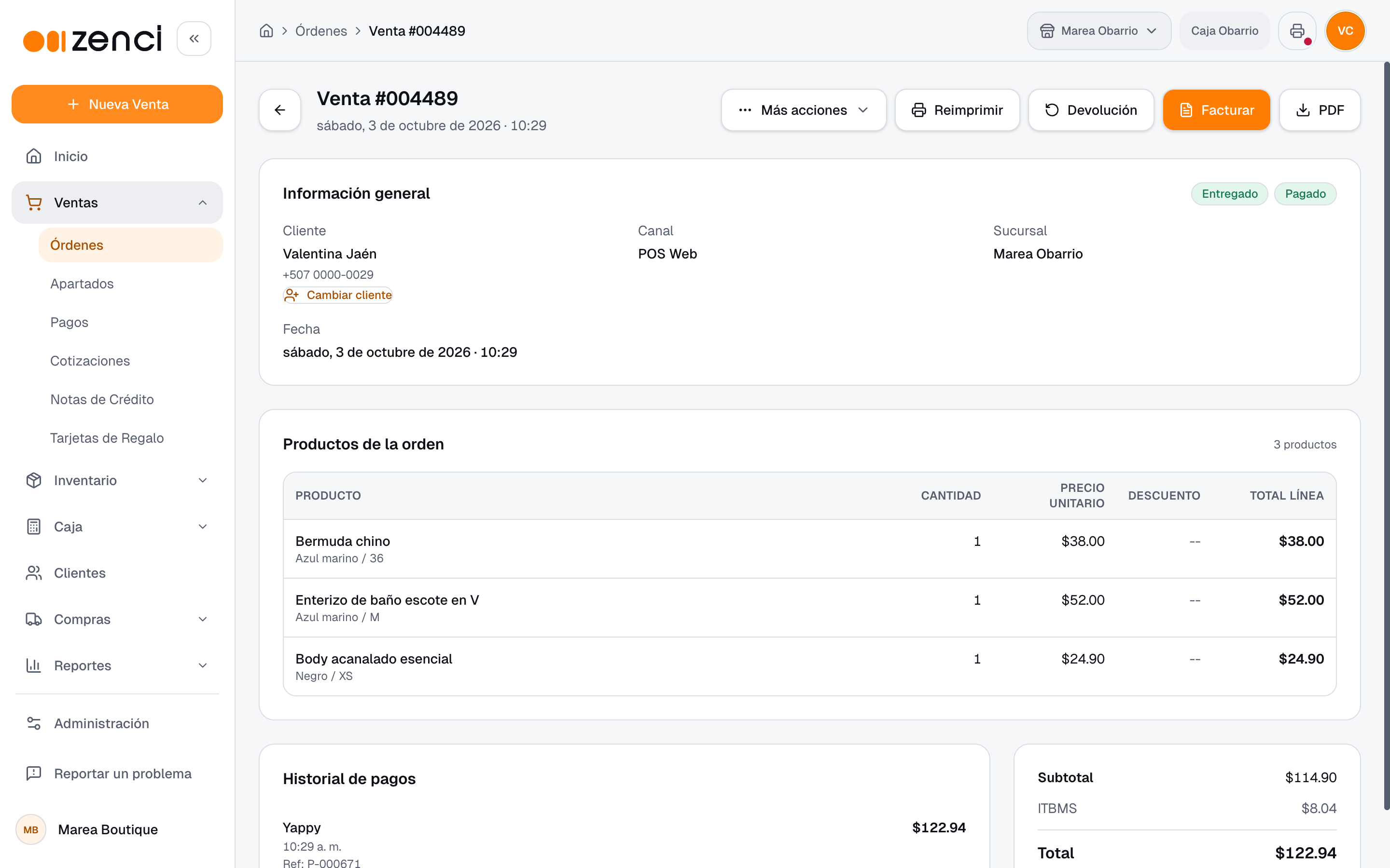 Detalle de una venta con la clienta, los productos con su variante, el historial de pagos y las acciones Reimprimir, Devolución, Facturar y PDF