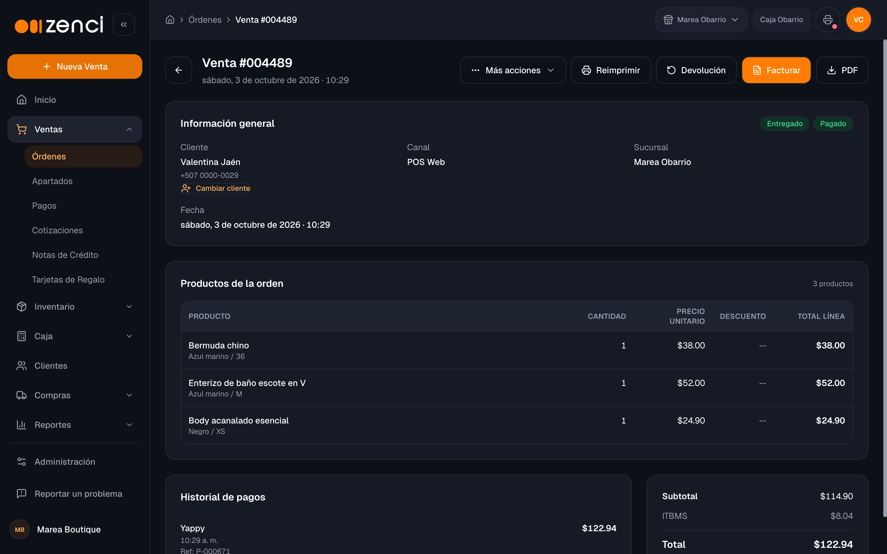 Detalle de una venta con la clienta, los productos con su variante, el historial de pagos y las acciones Reimprimir, Devolución, Facturar y PDF