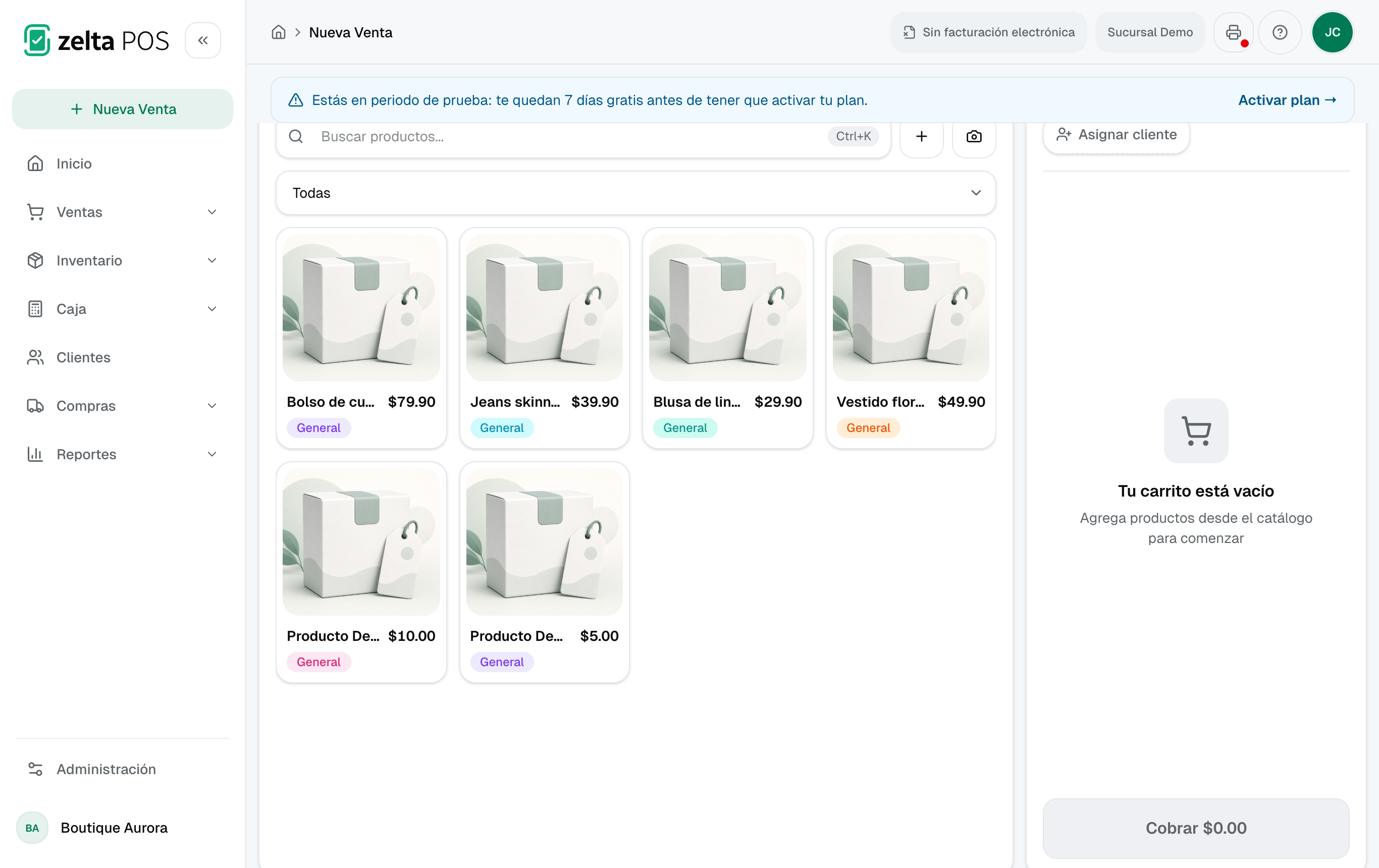 Pantalla de Nueva venta con catálogo de productos y carrito vacío