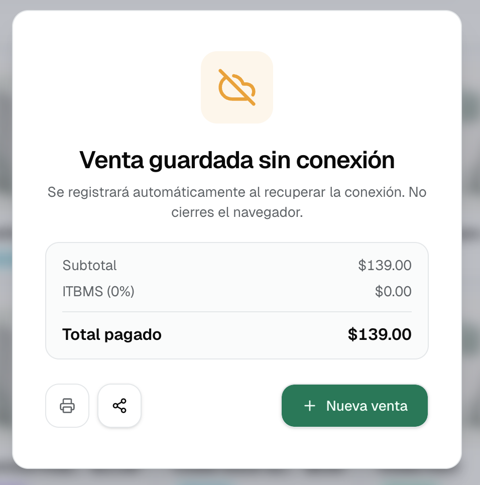 Diálogo Venta guardada sin conexión con el total pagado y el aviso de registro automático