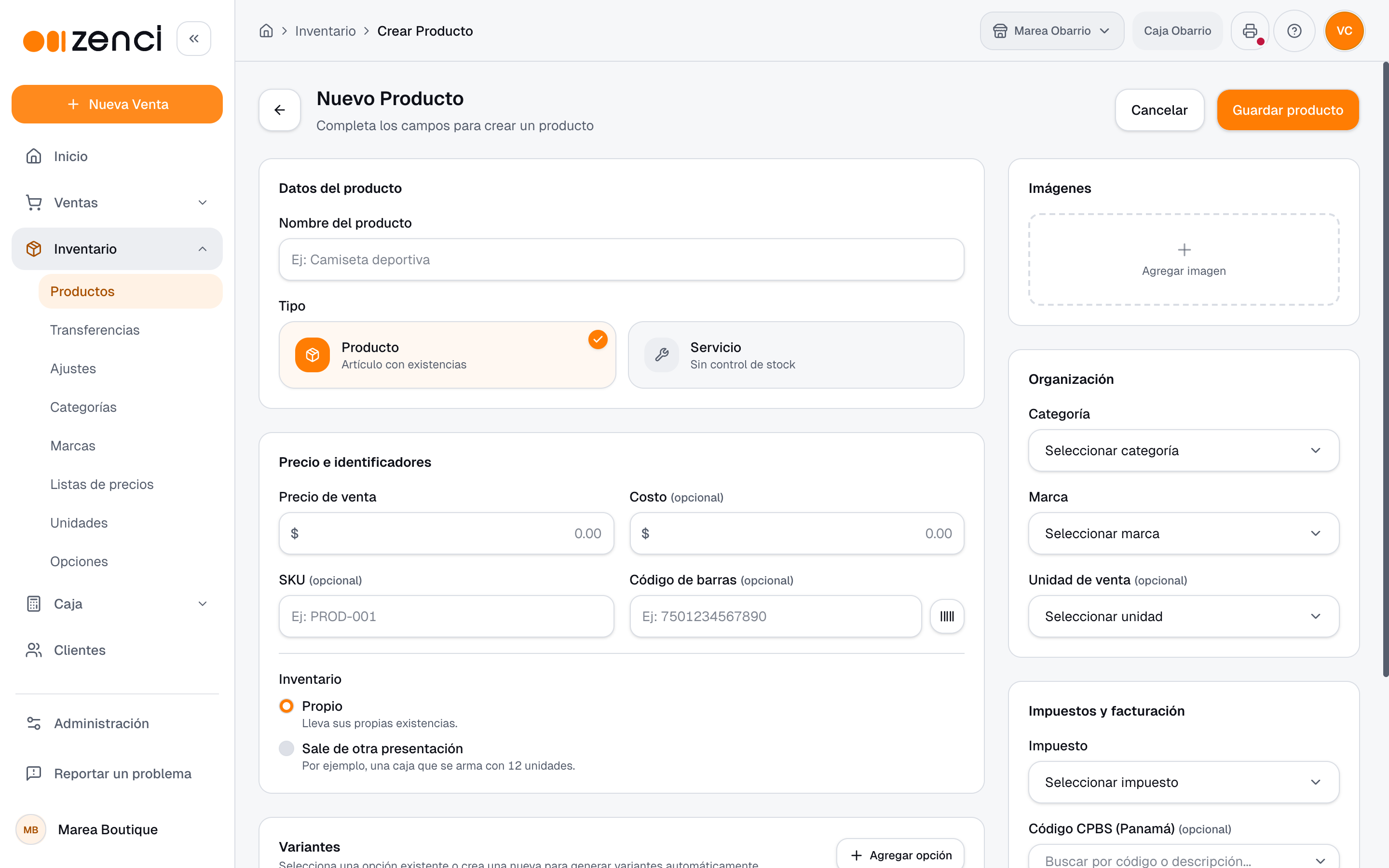 Formulario completo para crear un producto