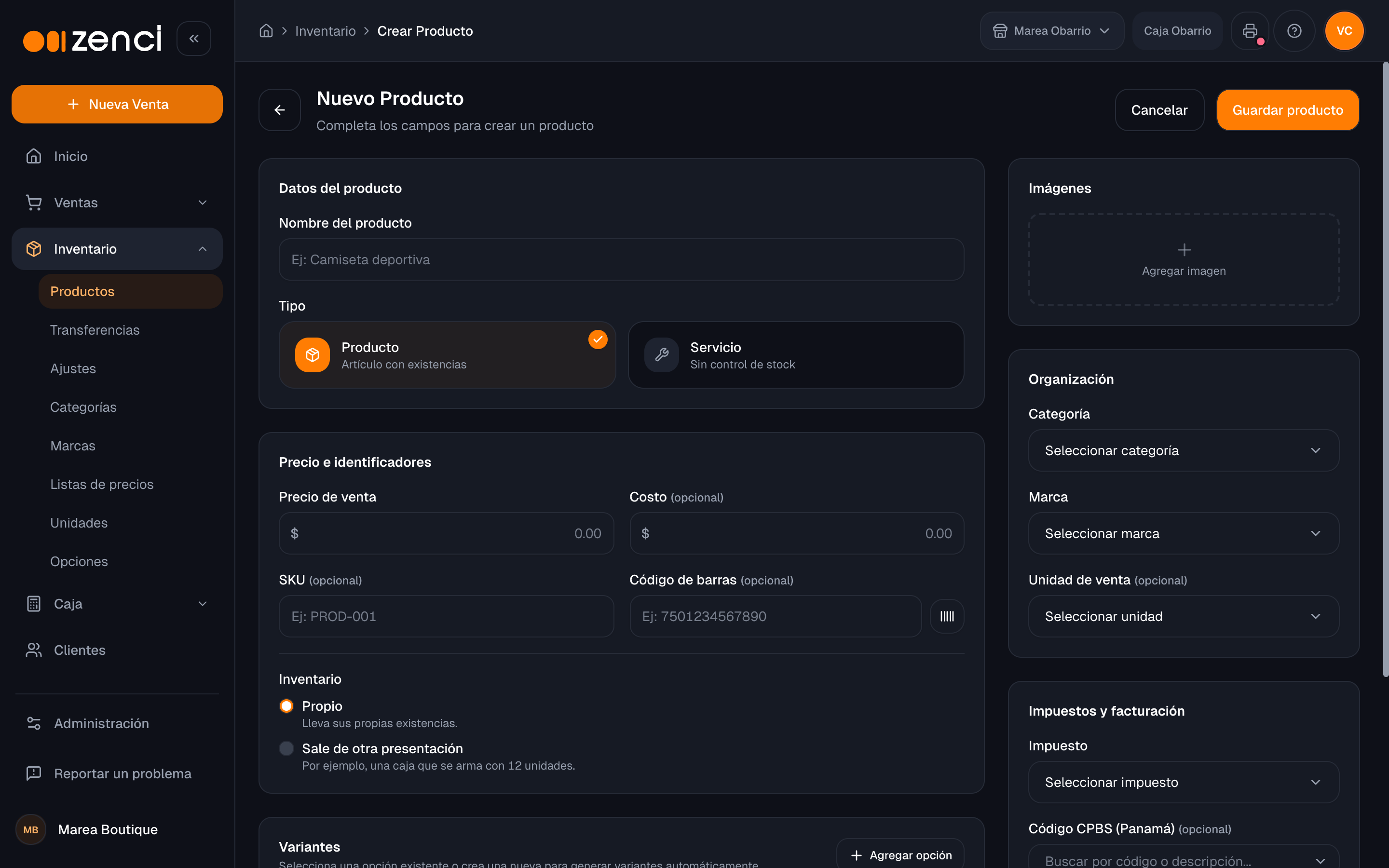 Formulario completo para crear un producto
