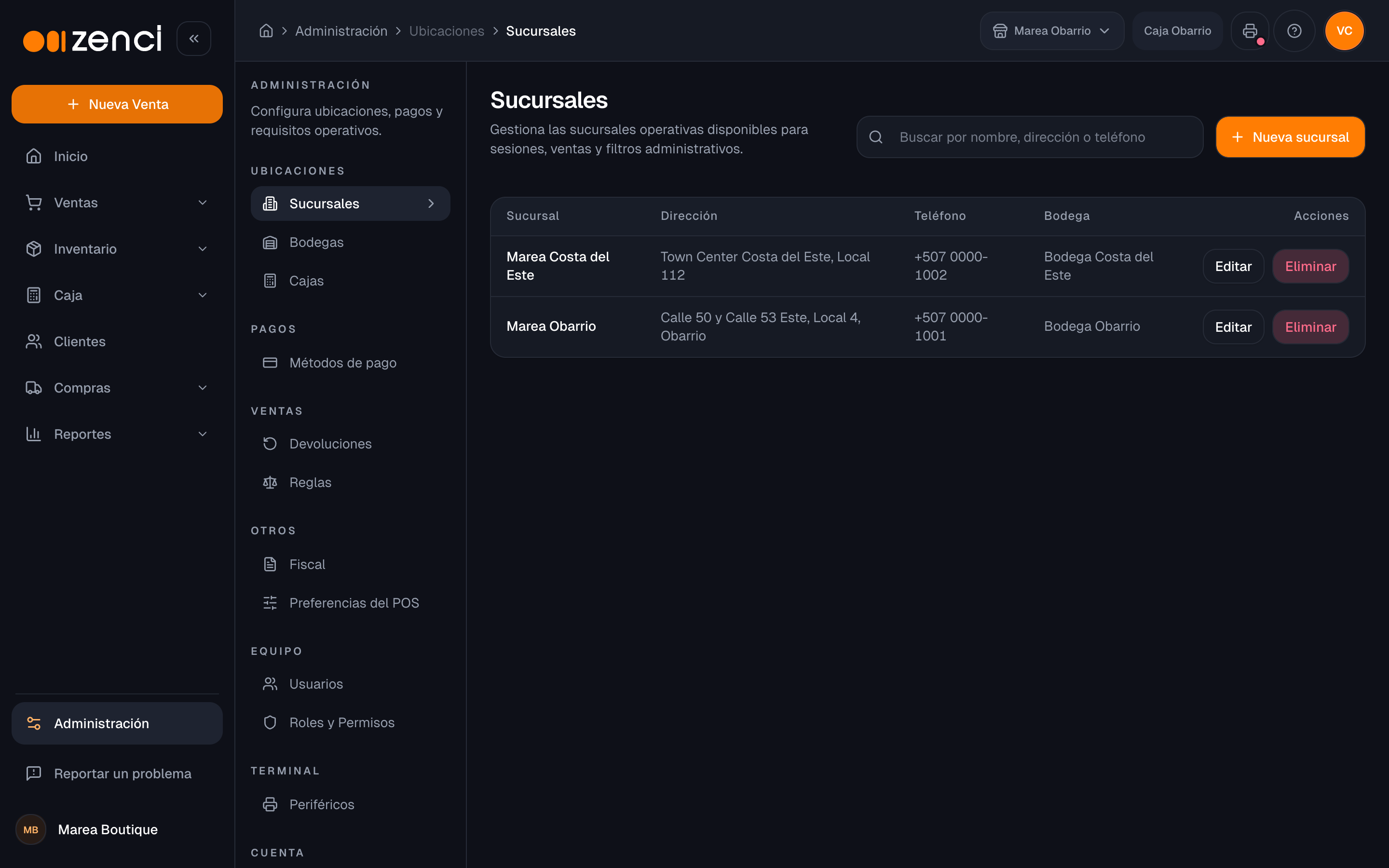 Pantalla de sucursales en Administración
