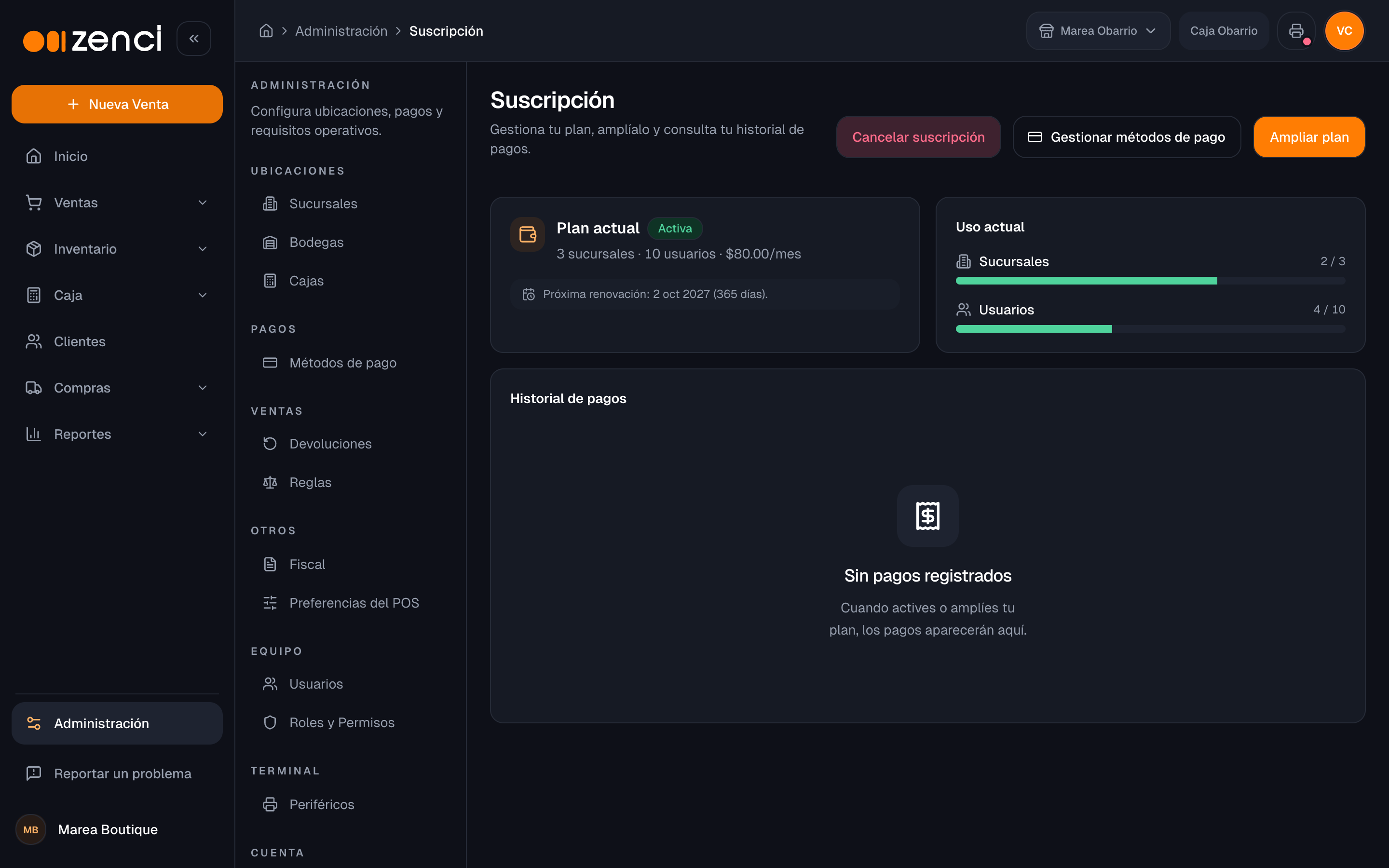 Pantalla de suscripción con el plan y el uso de sucursales y usuarios