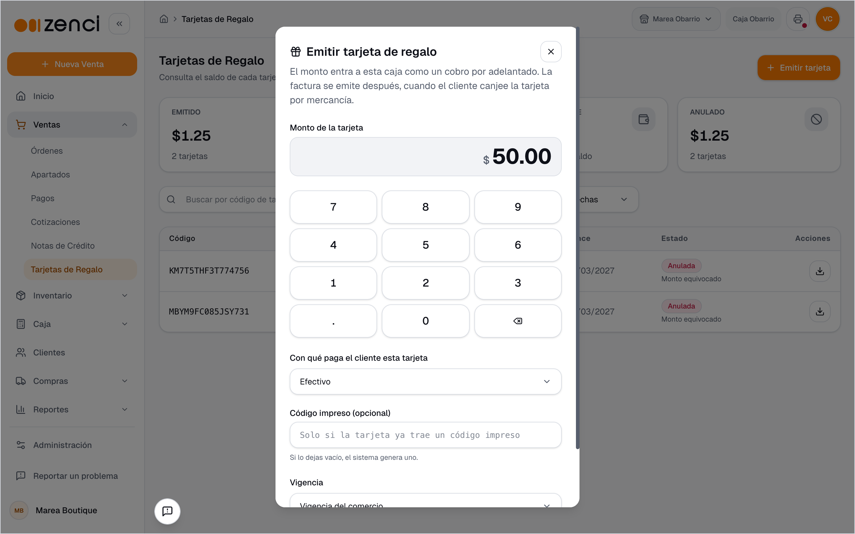 Diálogo Emitir tarjeta de regalo con el monto de 50 dólares, el método Efectivo, el código impreso opcional y la vigencia