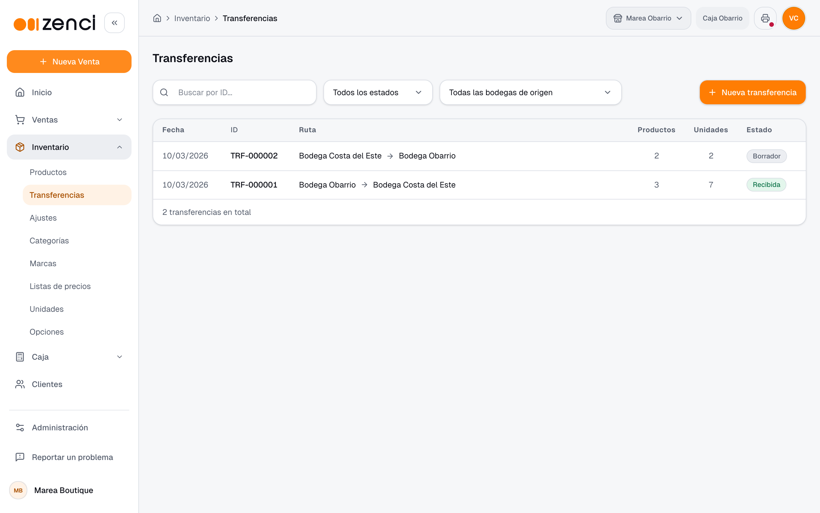 Lista de transferencias con una recibida y una en borrador