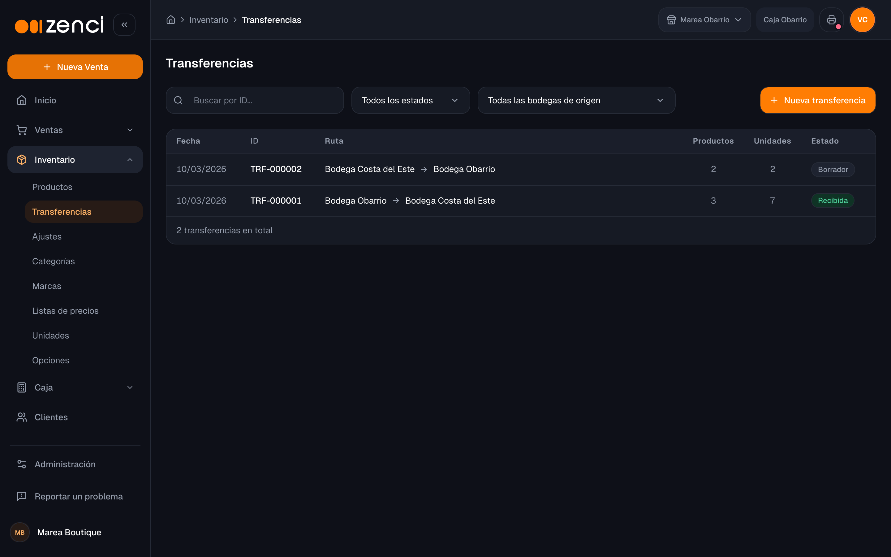 Lista de transferencias con una recibida y una en borrador