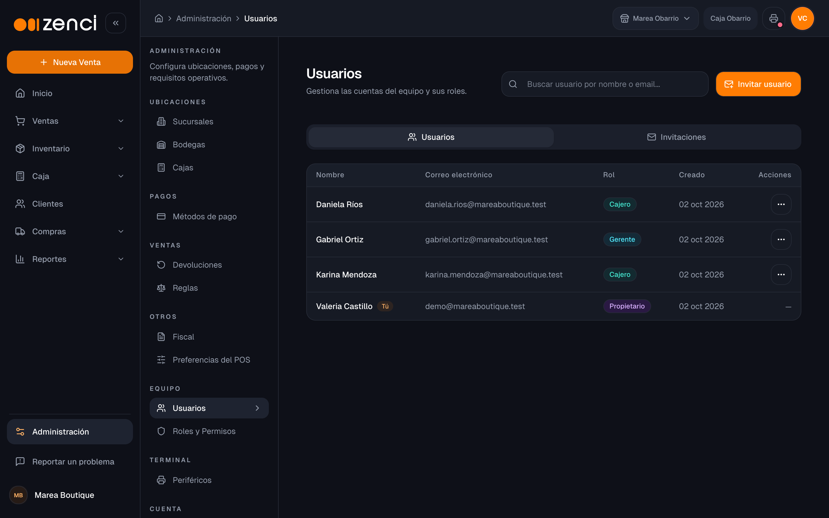 Lista de usuarios del comercio con su rol